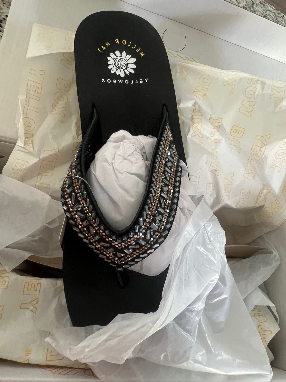 Yellow Box Leather Upper Beaded & Rhinestone Flip Flops with Multicolor Accents - Picture 2 of 5